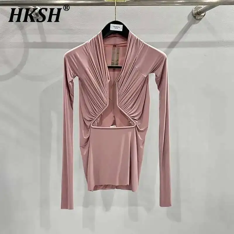 

HKSH Autumn Spring New Women RO Style Sexy Hollow Out Niche Dark Design Modal Knitted T-shirt Top Chic Fashion Cotton Tees H2688