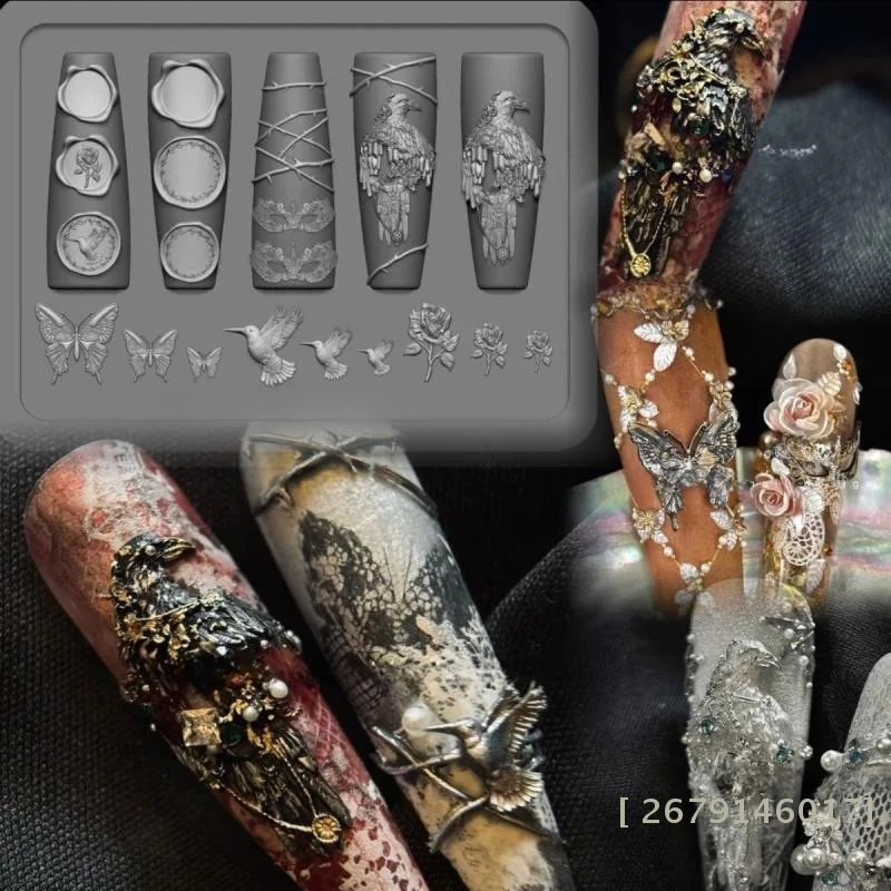 【YY26】Silikon-Nagelkunstform Retro Krähe Rose Schmetterling Nachteule 3D Nagelkunst-Dekoration DIY Design Transparente Form