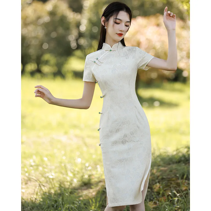 

Women Beige Cheongsam Floral Short Sleeve Chinese Traditional Dress Summer Vintage Elegant Female Girl Short Dresses