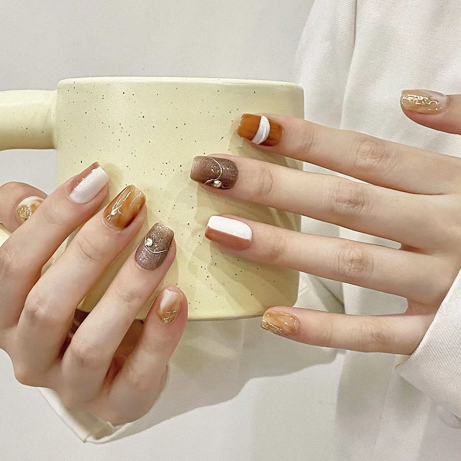 Uñas postizas hechas a mano con purpurina, cuadradas, cortas, Color caramelo, gradiente, marrón, ojo de gato, prensa en uñas, uñas postizas brillantes usables