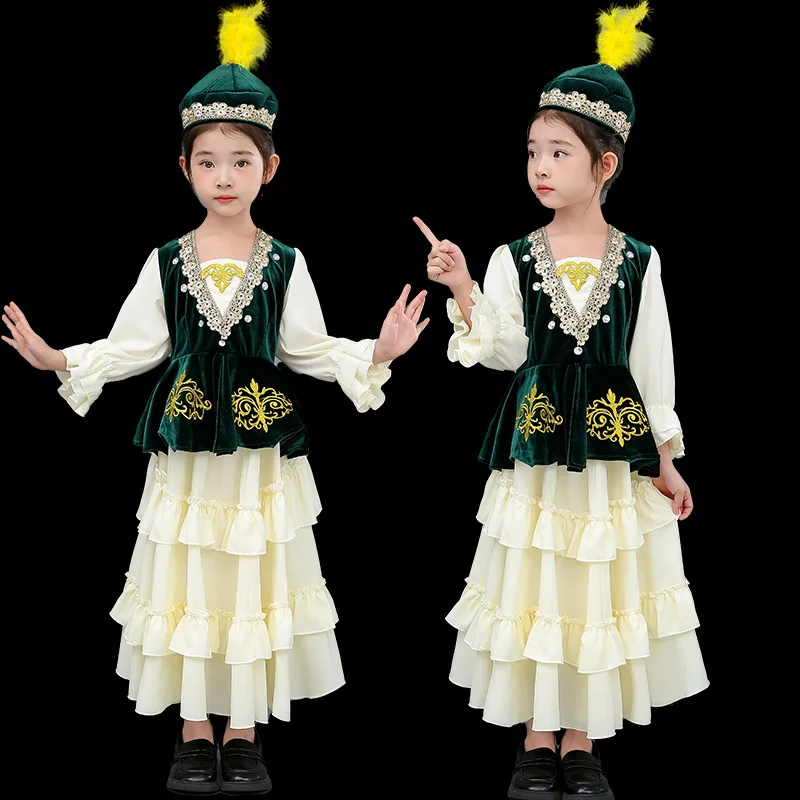 Ropa étnica tradicional, trajes de baile de minorancias étnicas de Xinjiang, traje de actuación en escenario para niños, vestido de fiesta y Festival