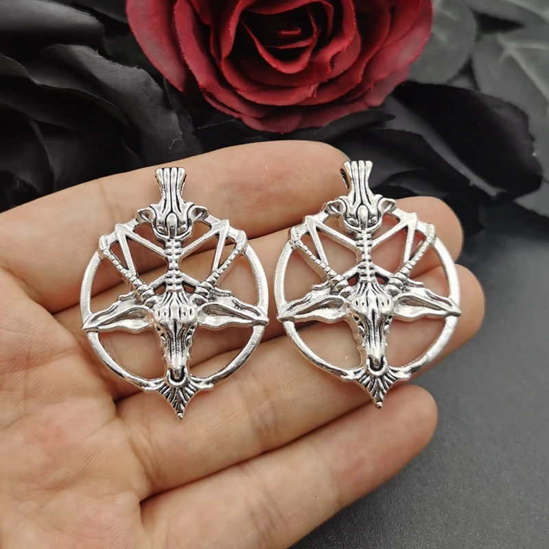 2Pcs 46*34mm Fashion Vintage Pentagram Pan God Skull Goat Head Pendant Charm, DIY Necklace and Earring Jewelry Handicraft Making