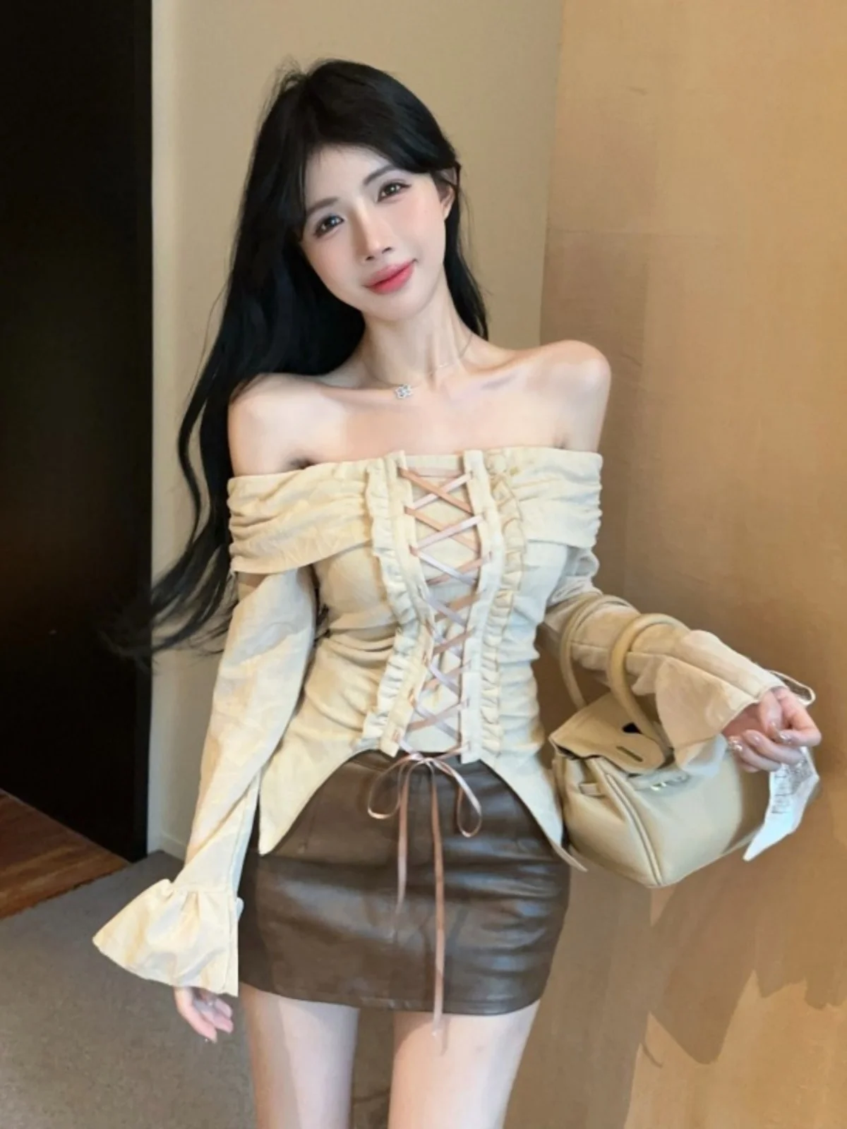 

Spring Commute Style Nicole Rose Design Cross-Banded One-Shoulder Flared Sleeve Pleated Short Length Women's Chiffon Top