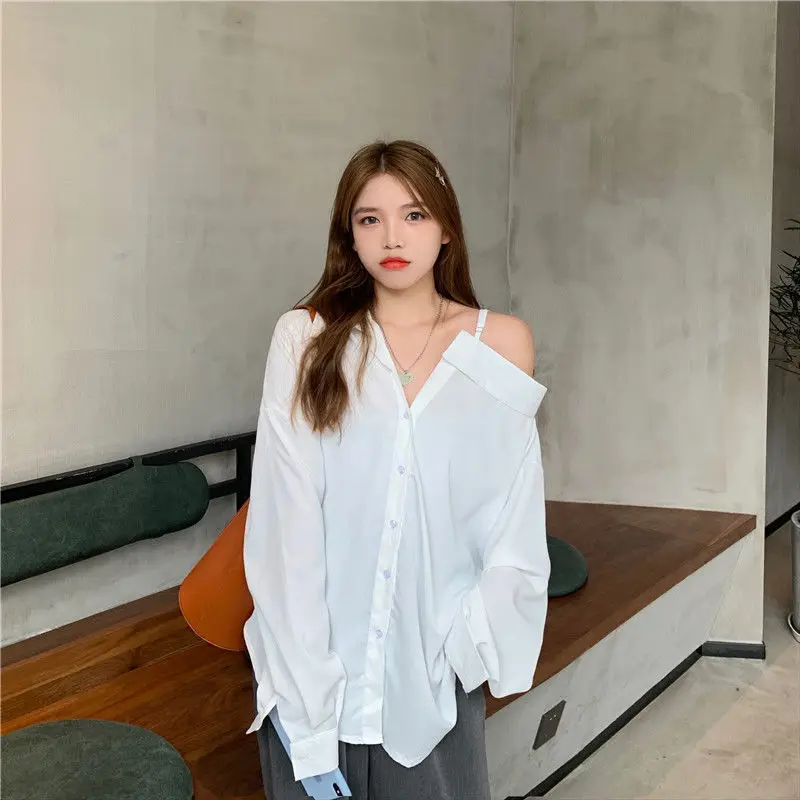 Long Sleeve Shirts Women Off Shoulders Skew Collar Asymmetrical Streetwear Solid Simple Stylish Leisure Sexy Trendy Korean Style