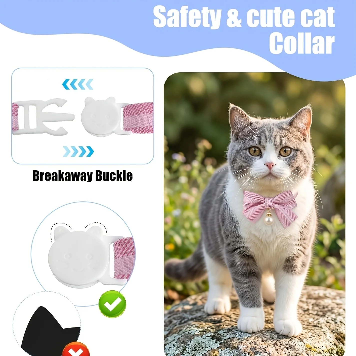 1 Stück Abreißbares Katzenhalsband mit Schleife, Perlenverzierung, Rosa-Blaues Schleifenhalsband für Katzen und kleine Hunde, Sicherheits-Halsaccessoire für Haustiere – Detail 3
