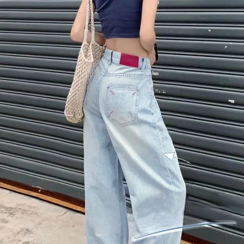 

Синие джинсы с высокой талией и широкими штанинами, женские, с вышивкой, прямого кроя, повседневные, из хлопка и полиэстера, весна-осень, модные