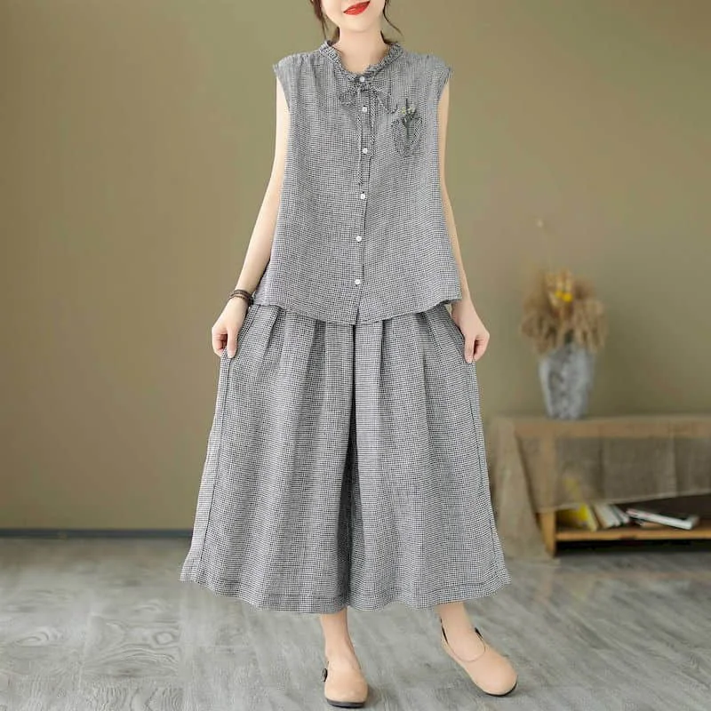 Plaid Pants Sets Casual Loose Cotton Linen Sleeveless O-neck Tops and Wide Leg Pants Korean Style Two Piece Sets Women Outfits