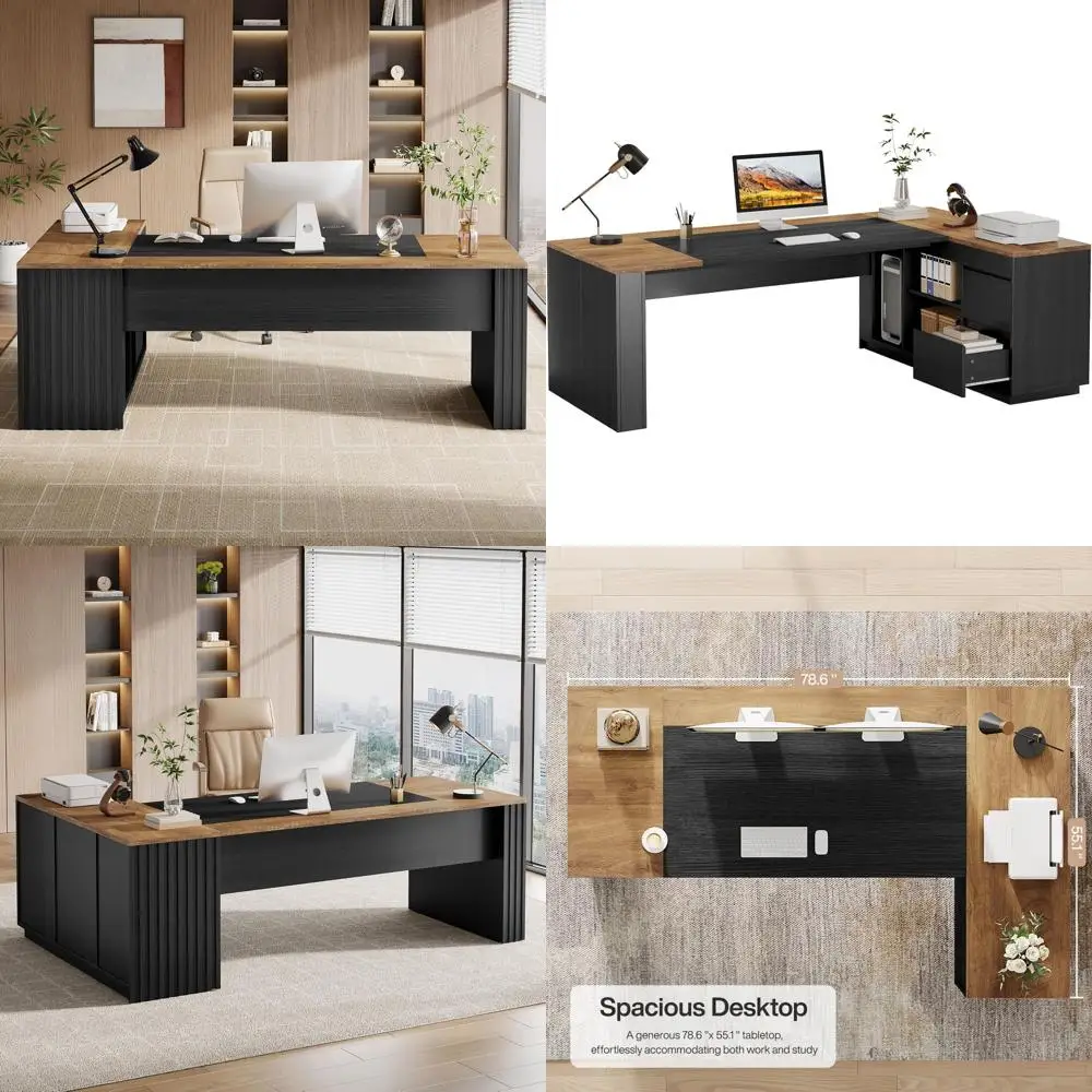 

78" L Shaped Executive Desk with Ders, Large Oice Computer Desk with Cabinet and Storage Shelves, ern Businurniture Sets Worksta