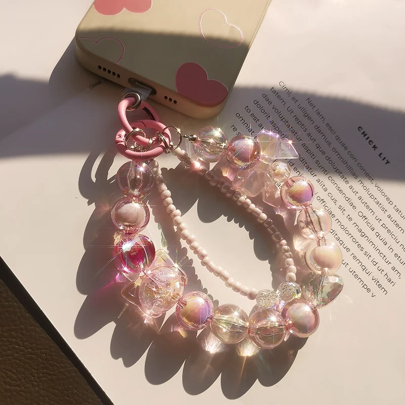 Mobile Phone Lanyard Women's Crystal Bow Beaded Wristband High-end Double Chain Crystal Pearl Anti Loss Clip Style Pendant