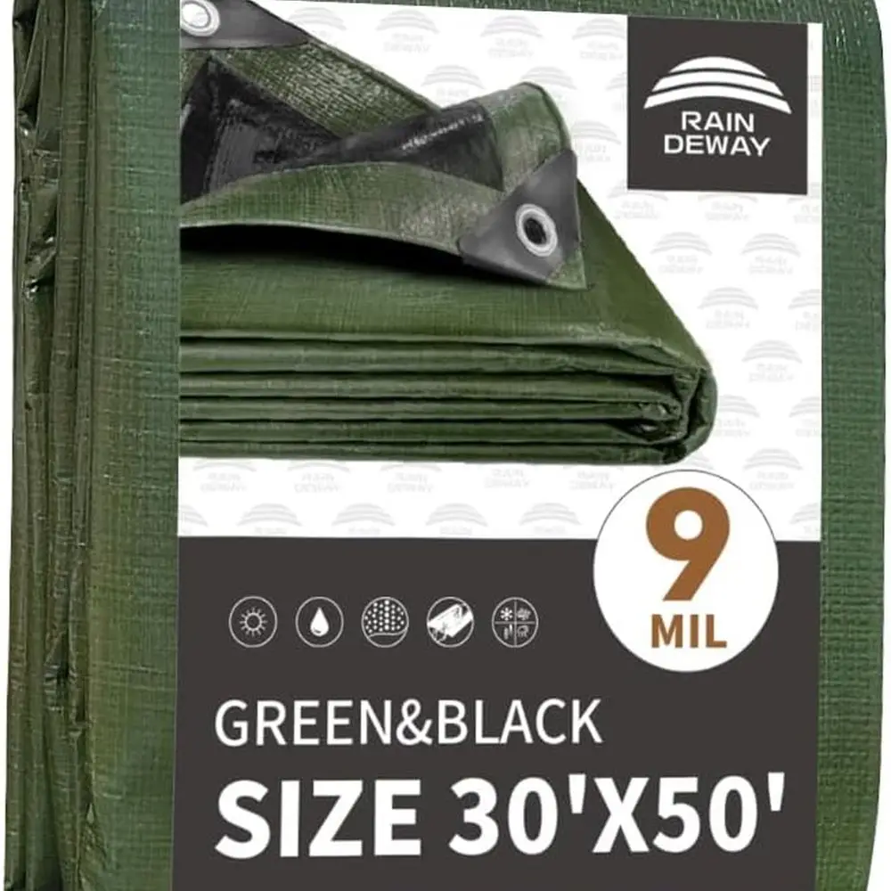 

30x50 Feet, Large Waterproof Tarp, 9Mil Thick, Multipurpose Poly Tarp Cover with Metal Grommets and Reinforced Edges, Green/Blac