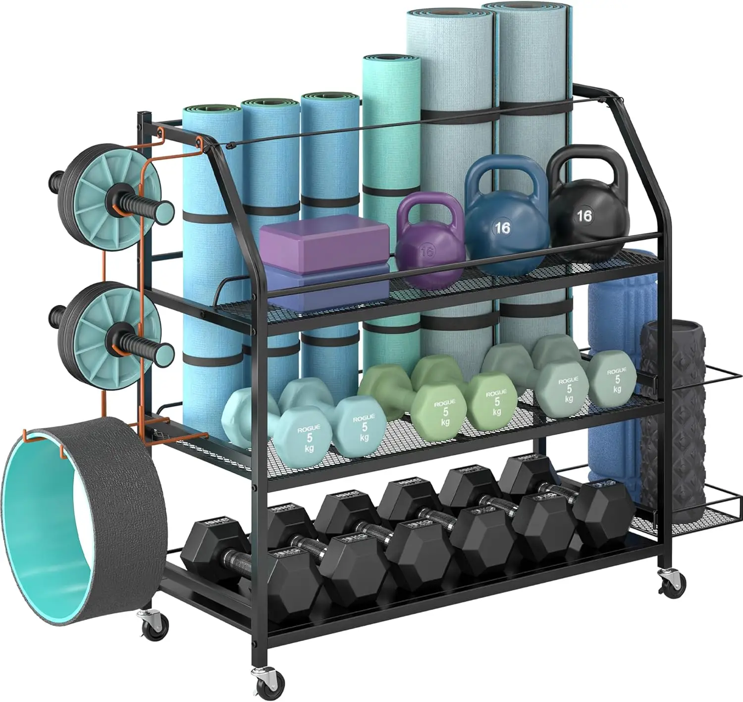 

Yoga Mat Storage Rack, Home Gym Workout Accessories Organizer, Sporting Goods Storage with Baskets and Hooks, Yoga Mats, Dumbbel