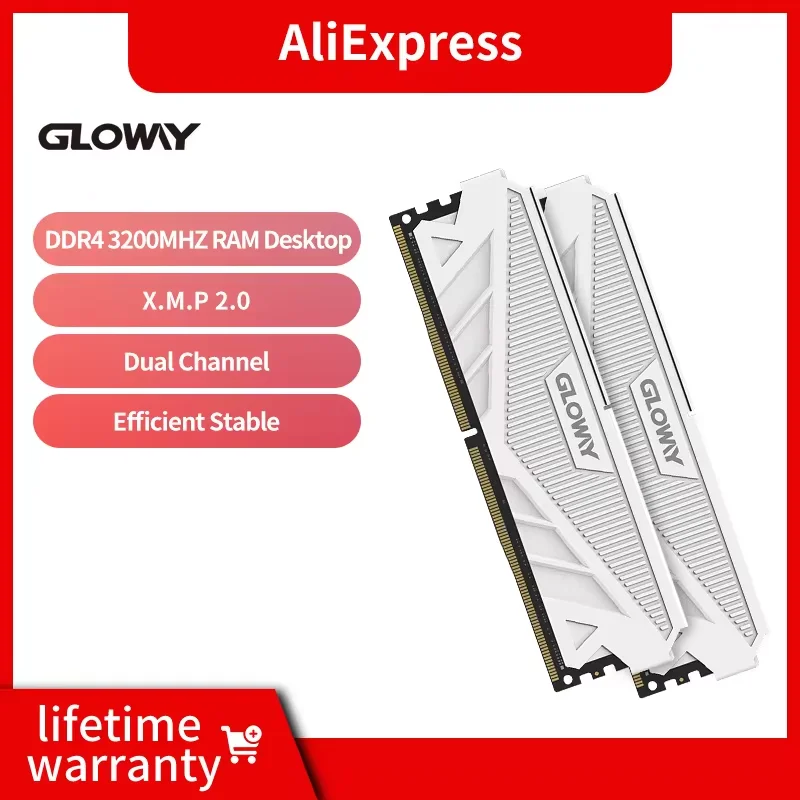 Gloway Memoria RAM DDR4 16GB 3200mhz 32GB (8GBX2) (16GBX2) Memória de dissipador de calor de mesa para computador