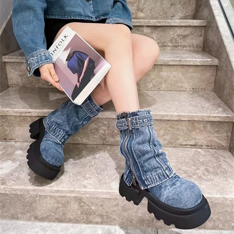 Platform Shoes Cowboy Boots for Women Round Toe Square Heel Mid Calf High Women Boots Punk Street Style Outdoor Denim Solid