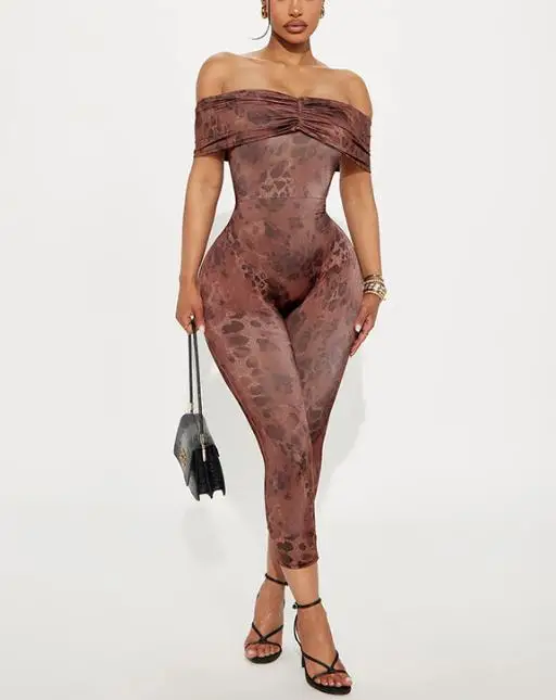 Jumpsuit Women 2026 New Spring Autumn Fashion Leopard Print Off Shoulder Short Sleeve Casual Slim Fit Daily Long Jumpsuit