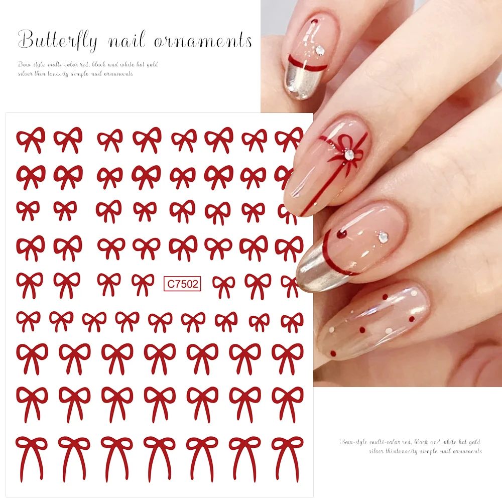 1pcs Mixed Sizes Red Bowknots Nail Stickers White/black/Silver Ribbon Bowknot Nail Decals Self-Adhesive Korean Manicure Decorati