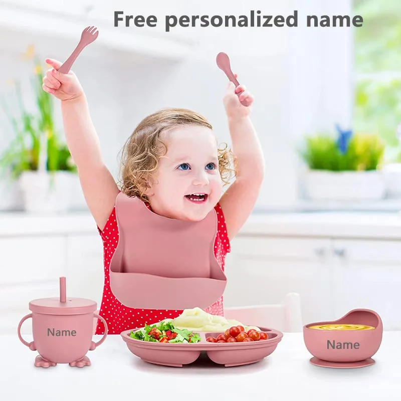 6Pcs Silicone Tableware Set Baby Feeding Set Personalized Name Kids Plate Bowl Spoon Fork Children's Tableware Gift for Boy Girl