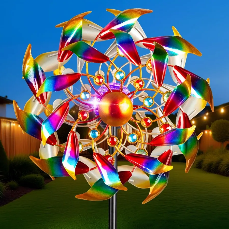 

54'' Wind Spinners Outdoor Solar Garden Decor Light - Unique Gemstone Colorful Windmill Durable Waterproof Design for Garden La