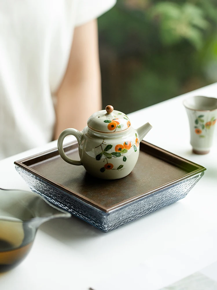 Pure Hand Drawing Persimmon Sketch Pot Ceramic Single Teapot Household Set Small Making Device with Filter Hole