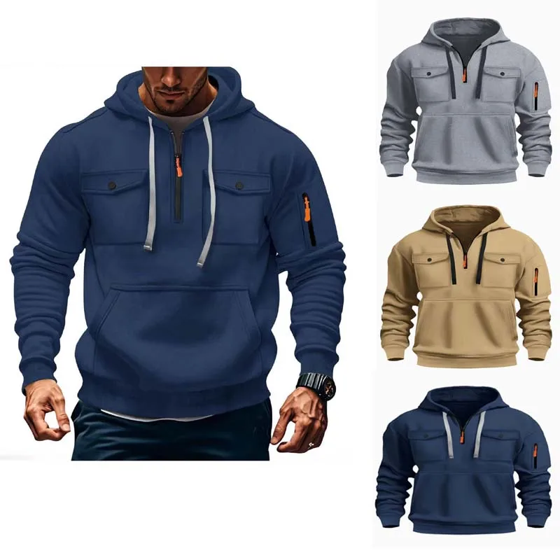 

Autumn and winter men's hoodie with multiple pockets hooded long sleeved jacket with fleece top for casual sports men's jacket