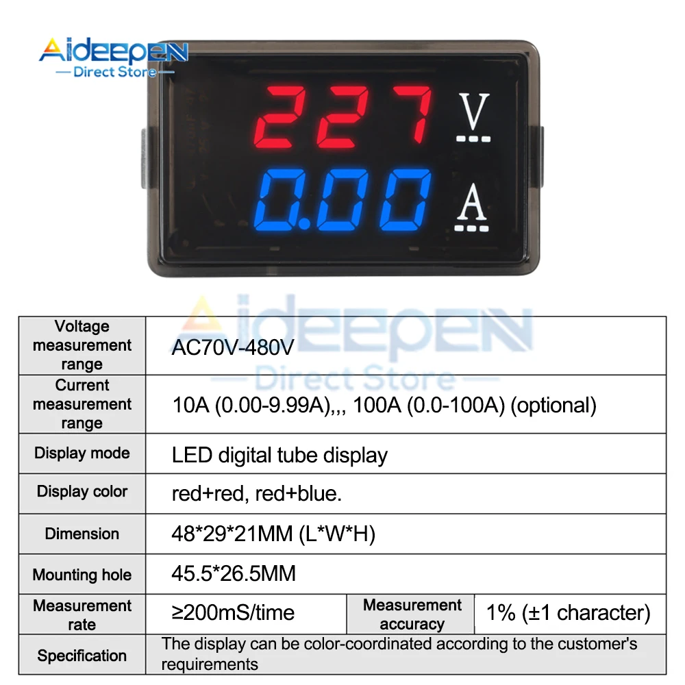 High Quality AC 70-480V 10A 100A Voltmeter Ammeter Blue + Red 0.56 inch LED Dual Digital Voltage Current Meter With Transformer