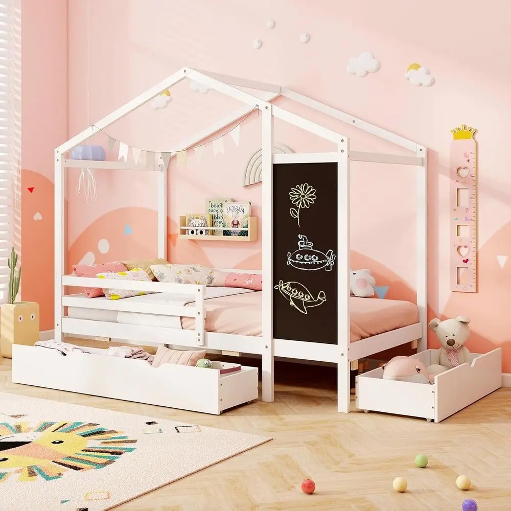 White Twin House Bed with 2 Drawers, Solid Wood, Blackboard, Safety Rails, No Box Spring Needed for Kids