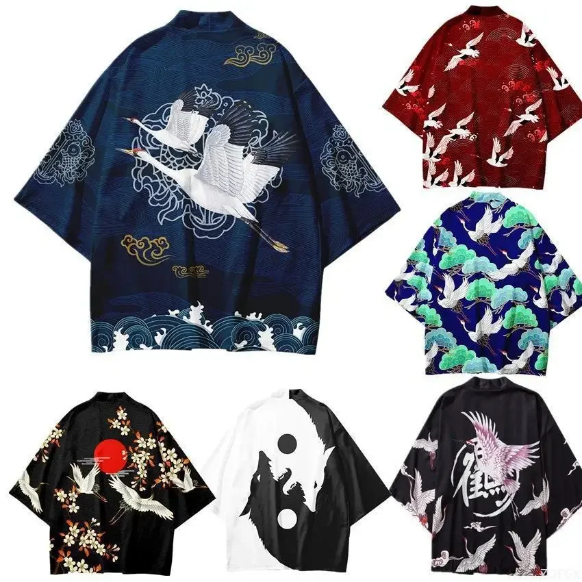 Kranich-Kimono im Retro-Stil, 3D-gedruckte Strickjacke, taoistische Robe, Kimono-Feder gewebter Kimono für Erwachsene und Kinder