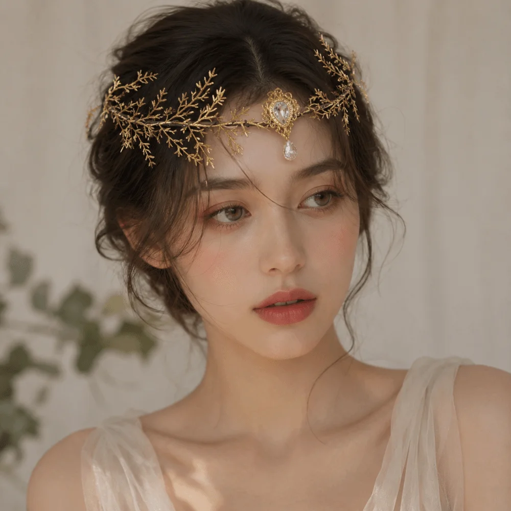 Moon Flower Elven Crown Green Gemstone Renaissance Bridal Forehead Chain Vintage Gemstone Branch Leaf Headpiece