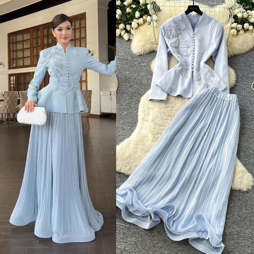 Women Two Piece Sets Skirt Set V Neck Full Sleeve Tops Long Skirts A Line High Waist Y2k Streetwear Elegant Work Pleated Party image 2
