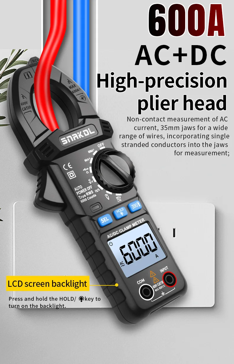 SNAKOL SK-203 Intelligentes Zangenmessgerät 600A AC/DC Strom/RMS 35mm Großer Durchmesser Zangenkopf Hintergrundbeleuchtung + Taschenlampe Doppelte Beleuchtung – Detail 13