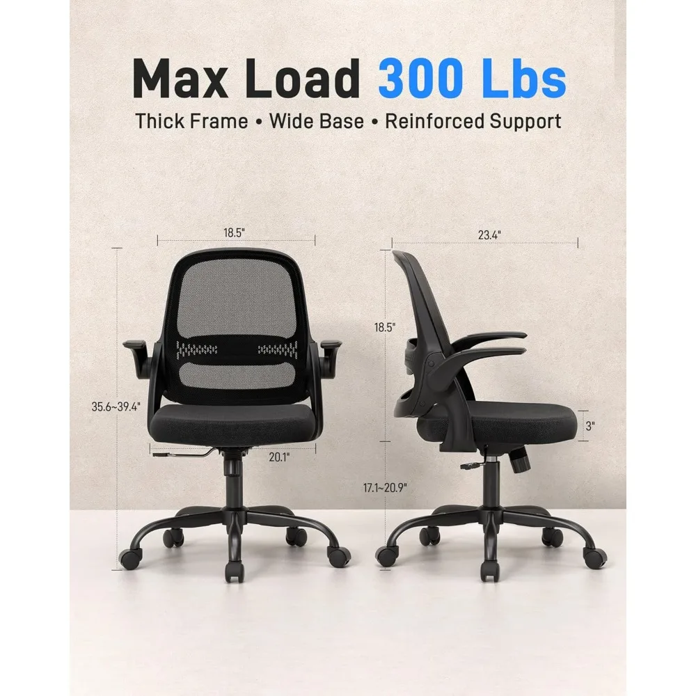 Black Frame Black Seat Ergonomic Mesh Office Chair Flip-Up Arms BIFMA Certified 300 Lbs Support Swivel Rolling Desk Chair
