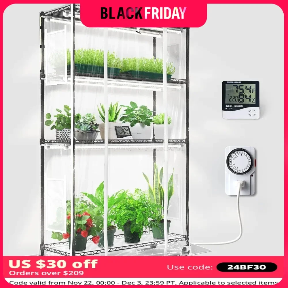 6Pcs Plant Light With Timer and Thermo-Hygrometer Shelf Mini Greenhouse With LED Grow Light for Indoor Plant Shelf