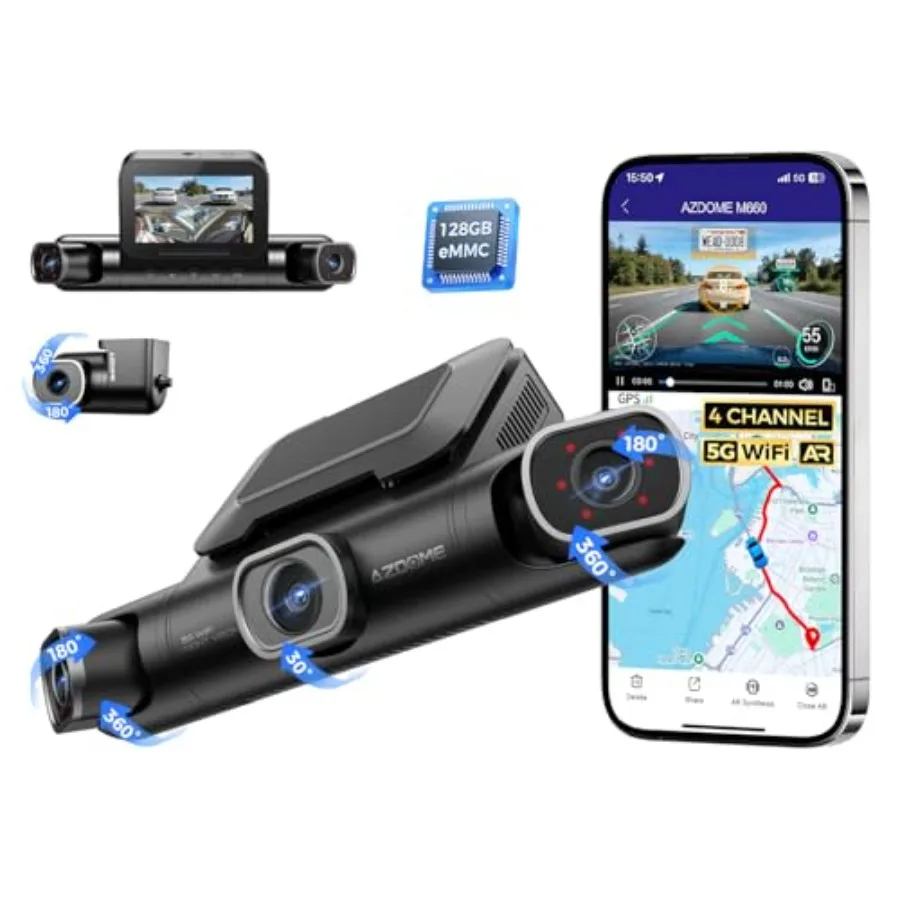 

Car dash cam with 360 4-channel front/rear/inside coverage, 2K+1080P3 resolution, built-in 128GB eMMC, voice control, 5G WiFi,