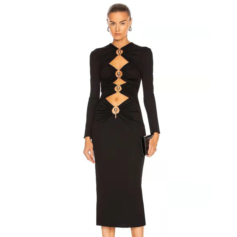 Waist Hollow Out Midi Bandage  Women Summer Black Long Sleeve Bodycon Elegant Metal Sexy Club Evening Celebrity Party Dresses