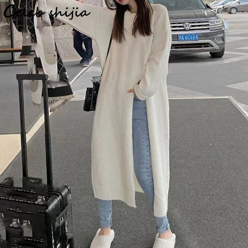 

Retro Split Long Knitted Dress Women Autumn O-neck Full Sleeve Sweater Dresses Ladies Chic Harajuku Woolen Vestidos Winter