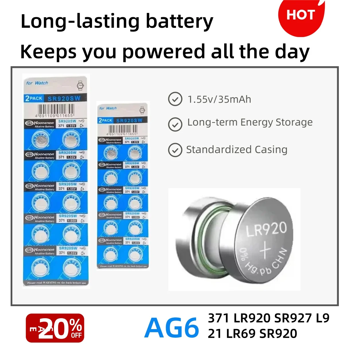 

SR920SW 10 шт-200 шт. 1,55 В 35 мАч AG6 371 LR920 SR927 L921 LR69 SR920 кнопочные батарейки-таблетки для часов, игрушек, пульта дистанционного управления