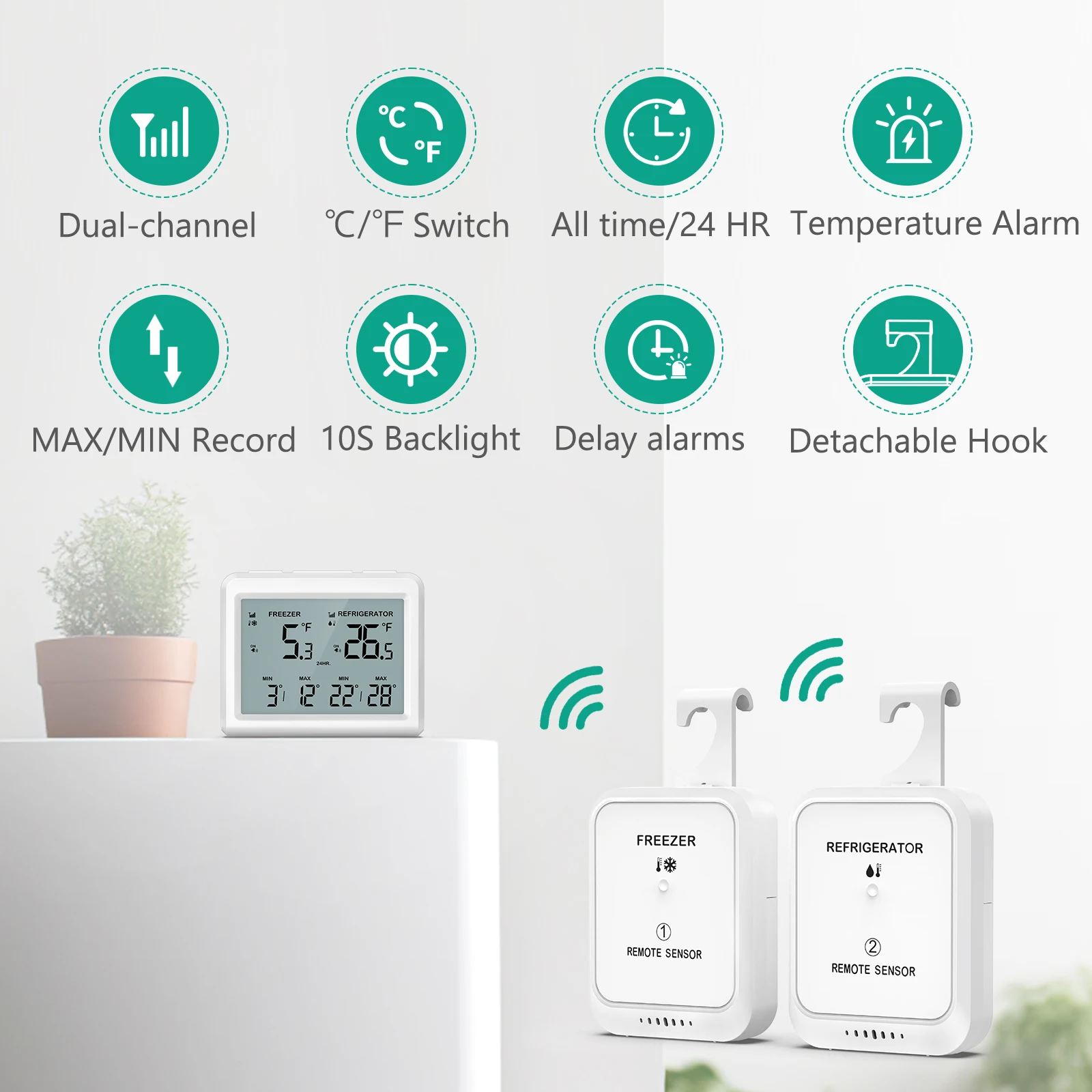 ORIA Digital Refrigerator Thermometer Wireless Freezer Thermometer Fridge Temperature Monitor with 2 Sensor