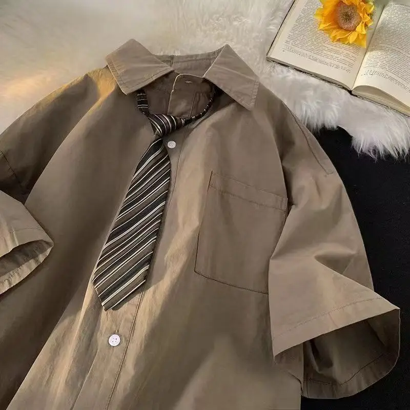 E-BAIHU Brązowe Bluzki Vintage Damskie Japońskie Miejskie Koszule z Krótkim Rękawem Oversize z Rękawami do Łokcia Stylizowane na Uniform DK Bluzki