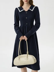 FSLE Office Lady College Style Navy Collar Knitted Dress for Women Winter 2024 New Interior Sweater Casual Dress 24FS14341