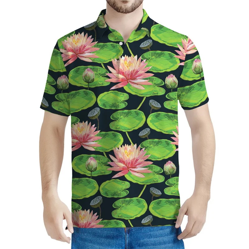 Lily Floral Pattern Polo Shirts For Men 3D Printed Lotus Flower Tee Shirt Casual Button T-Shirt Summer Lapel Short Sleeves