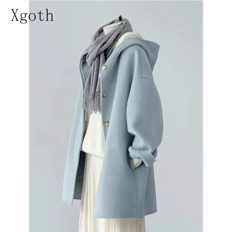 Xgoth Ins Women Wool Jackets Solid Long Hooded Korean Style Coat Winter Thick Sweet Preppy Casual Jacket Fashion Female Tops