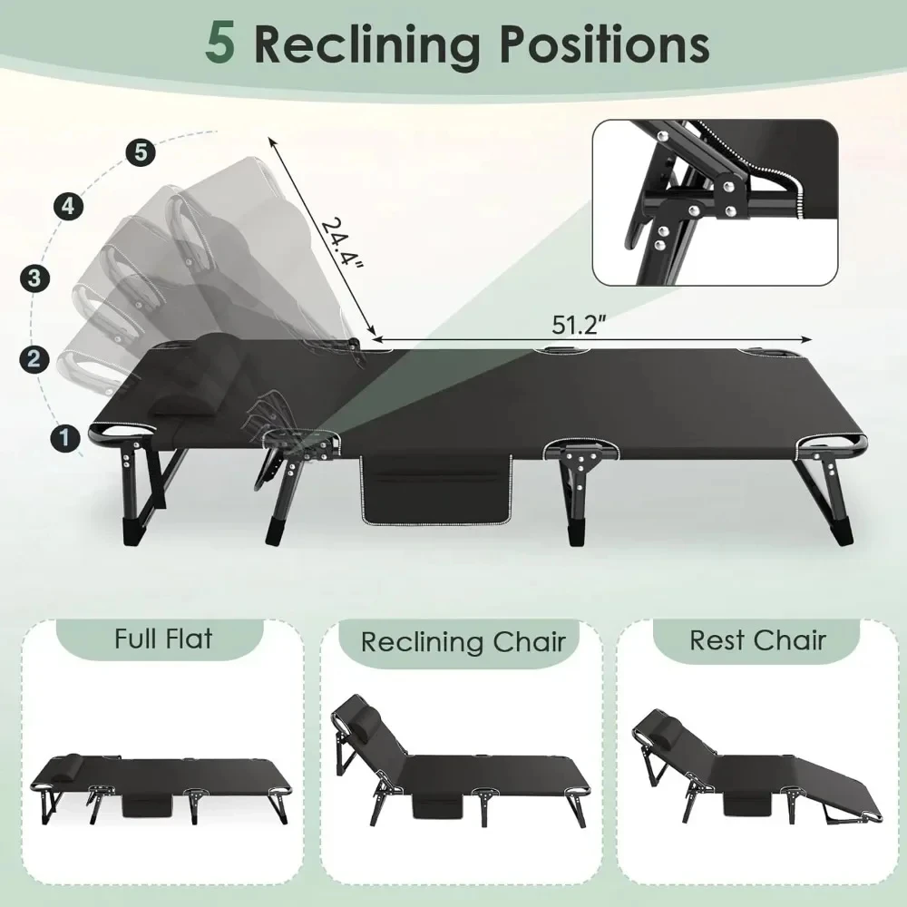 

3 in 1 Folding Camping Cot Bed, 5 Positions Adjustable Patio Chaise Chair, Portable Sleeping Cots for Adults Large Size