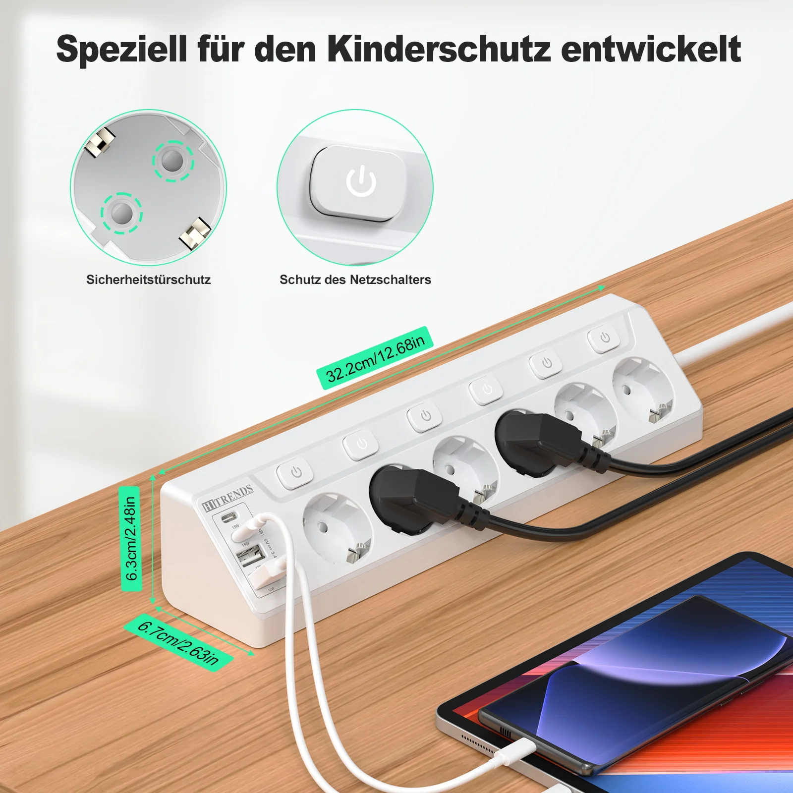 EU 6AC Outlet Corner Power Strip, 2USB 2Type-C Quick Charge Hub, 2M Long Cable Surge Protector for Desk Home Use