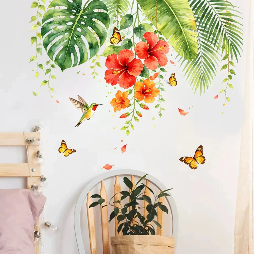 Tropical Hibiscus Vine Wall Decal Made from PVC with Butterflies Birds and Floral Details for Interior Decoration