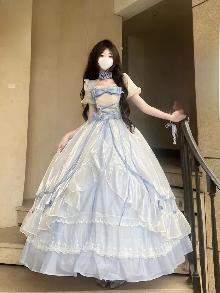

Lolita Flower Bride Blue Dress Super Fairy Student Princess Skirt Birthday Tailcoat Dress High Waist Polyester Bubble Sleeve
