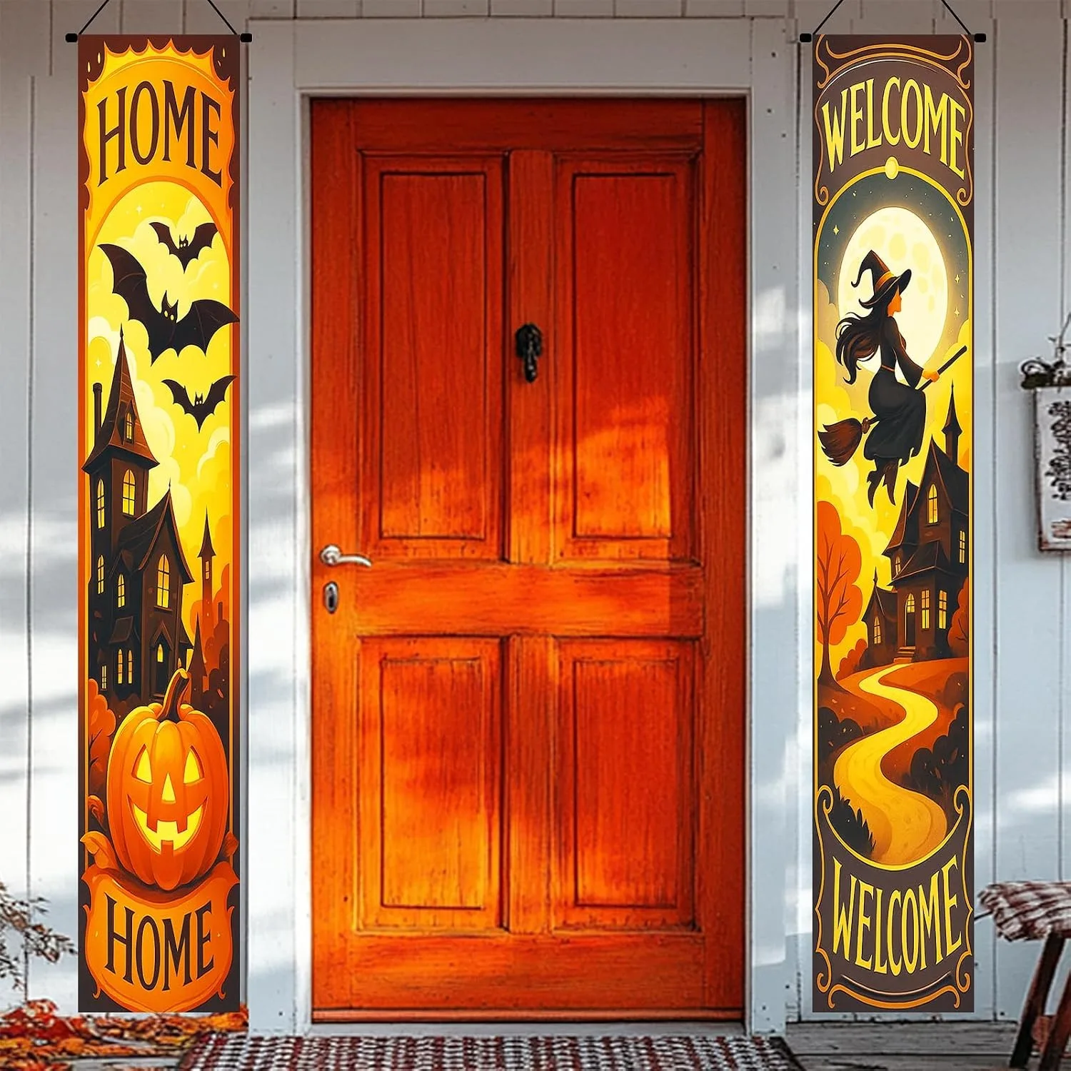 Fröhliches Halloween-Banner Kürbis Geist Süßes oder Saures Sprüche Partydekorationen Veranda-Schild Innen- und Außenbereich Wandbehang Hintergrund