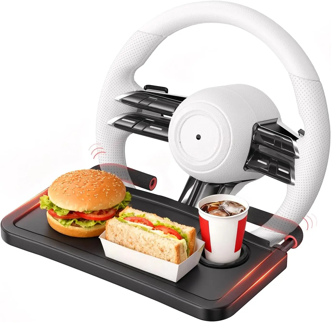 

Car Steering Wheel Tray for Dining, Office & Travel with Cup Holder, EVA Hook Covers, 2-in-1 Desk Table