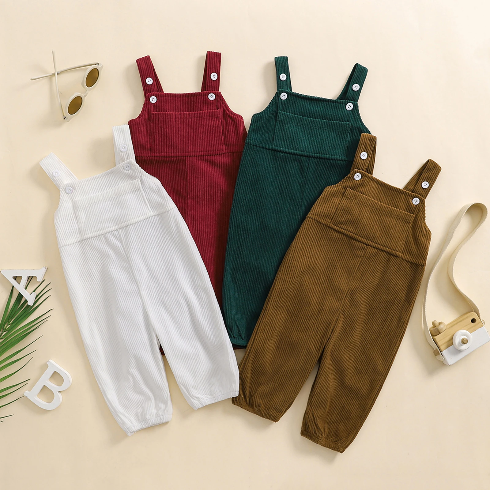 Little Girls Boy Corduroy Overalls Jumpsuit Solid Color Sleeveless Square Neck Full Length Romper Playsuits