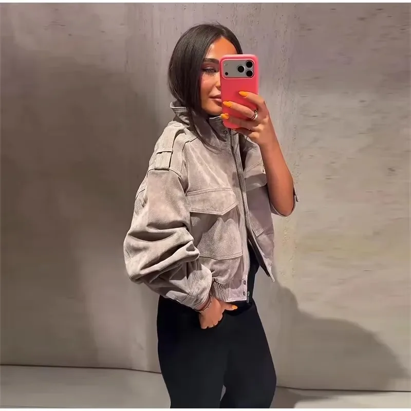 Ladies Cropped Cargo Autumn Winter Jacket Women Coat Stand Collar Strap Epaulet Multi Pockets Ribbed Hem Loose Casual Outerwear