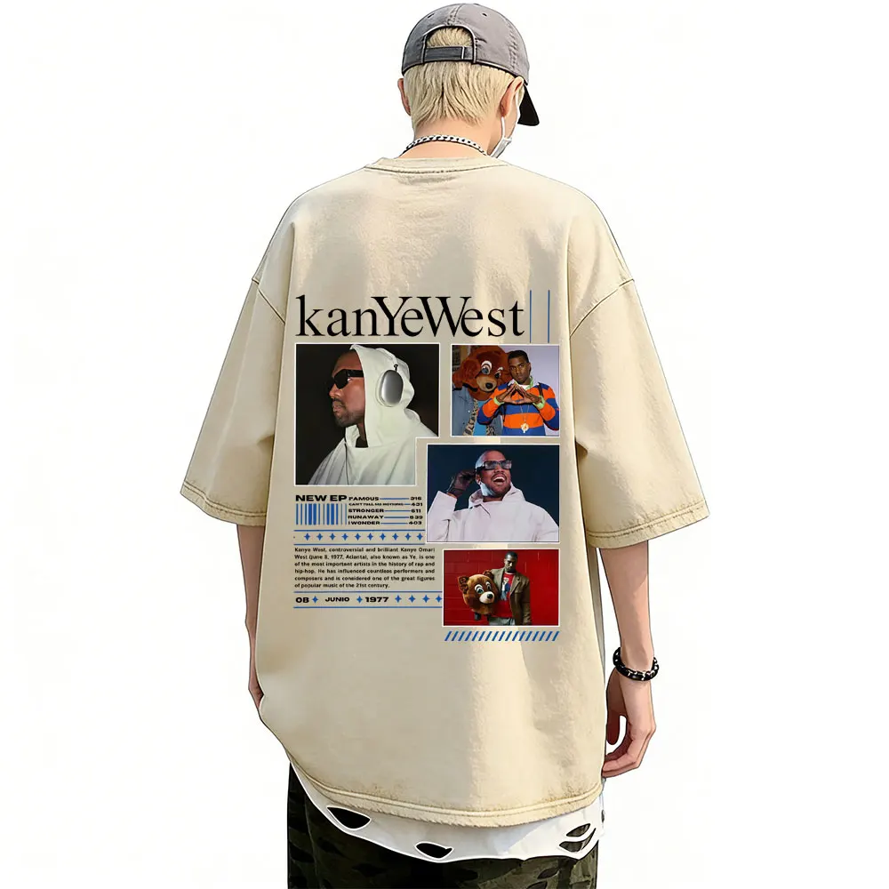 

Washed Vintage Rapper Kanye West Graduation The Life of Pablo The College Dropout Bear T-shirt Men Hip Hop Fashion Oversized Tee