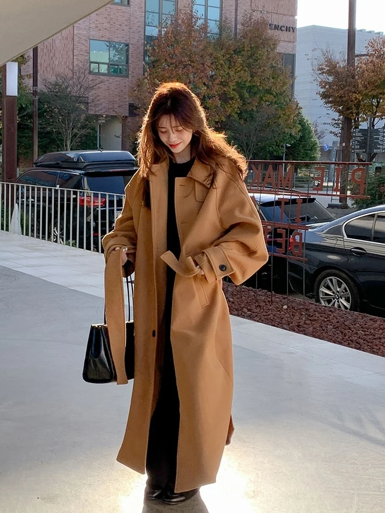 

Retro Winter Faion Tweed Coat Casual Lapel Women's Briti Sle Loose Fit Comfortable Woolen Outerwear Mid-Length Single-B...